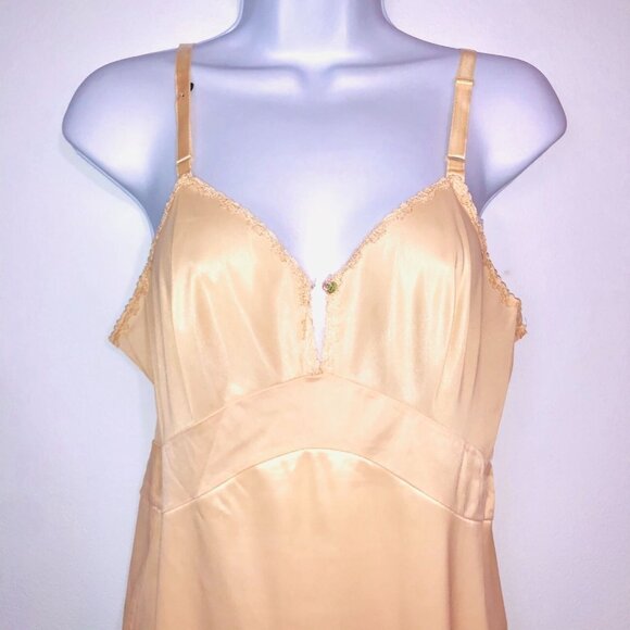 Vintage 50s Womens S Full Slip Beige Sleeveless Lace V Neck Adjustable Strap - Picture 3 of 9